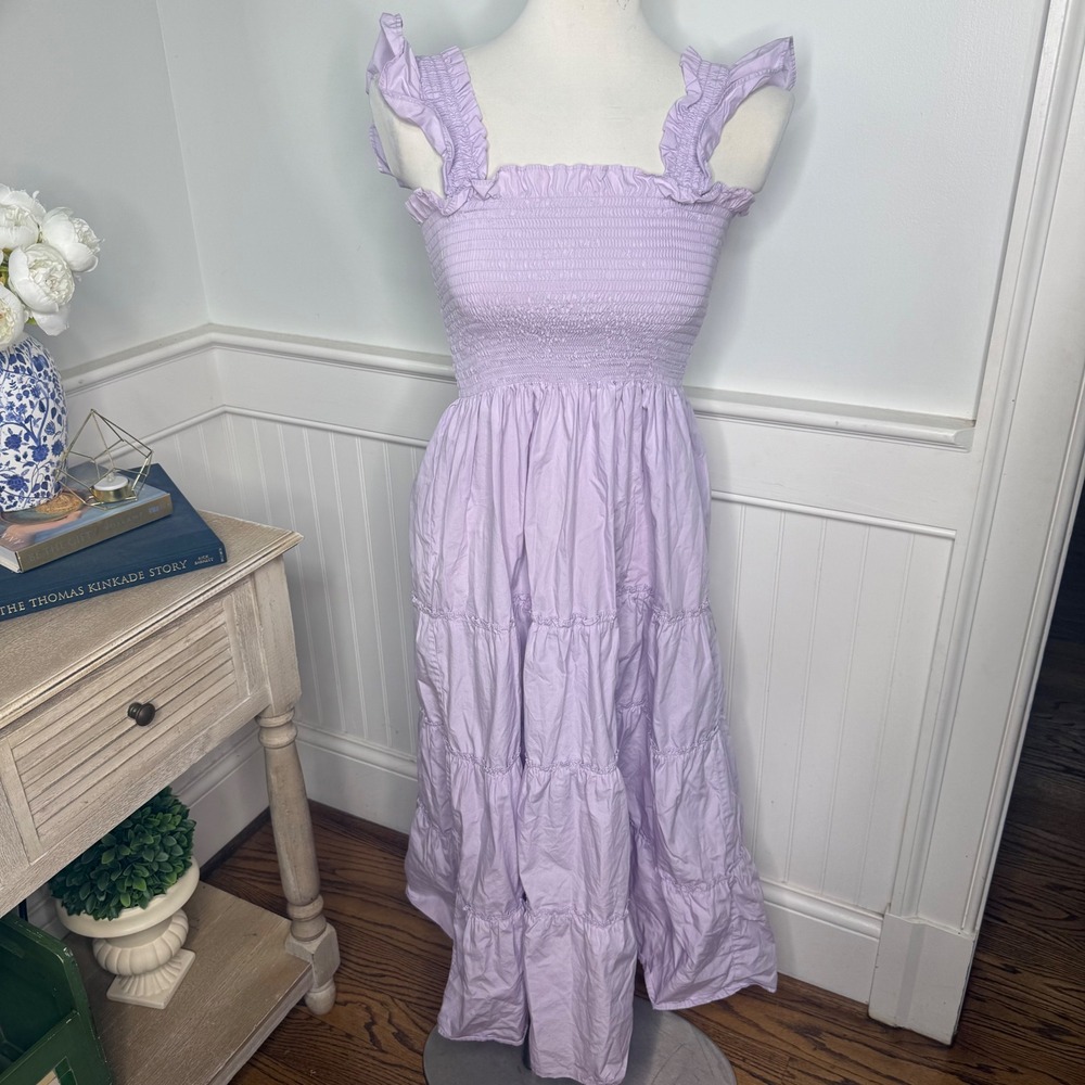 Quince Organic Cotton Smocked Tiered Maxi Dress Lavender Purple Ruffle Strap M